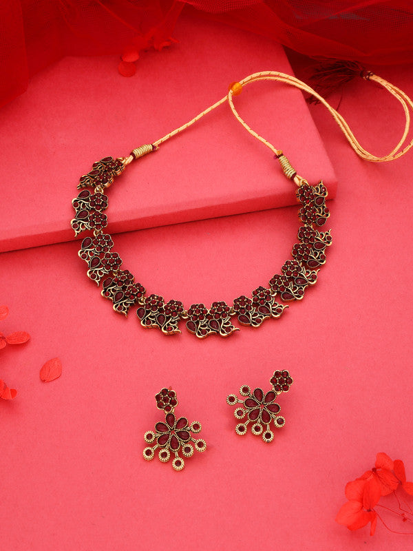 Tehzeeb Creations Luxurious Gold Polished Maroon Colour Diamond Choker Necklace Set With Matching Earrings - Distacart