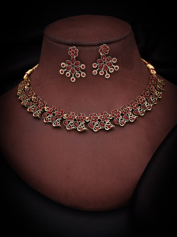 Tehzeeb Creations Luxurious Gold Polished Maroon Colour Diamond Choker Necklace Set With Matching Earrings - Distacart