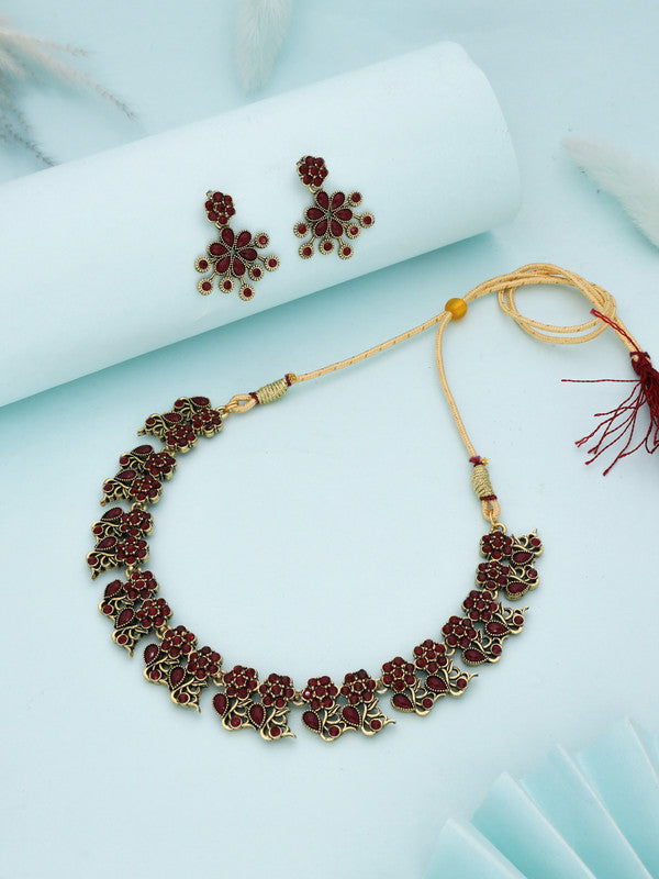 Tehzeeb Creations Luxurious Gold Polished Maroon Colour Diamond Choker Necklace Set With Matching Earrings - Distacart