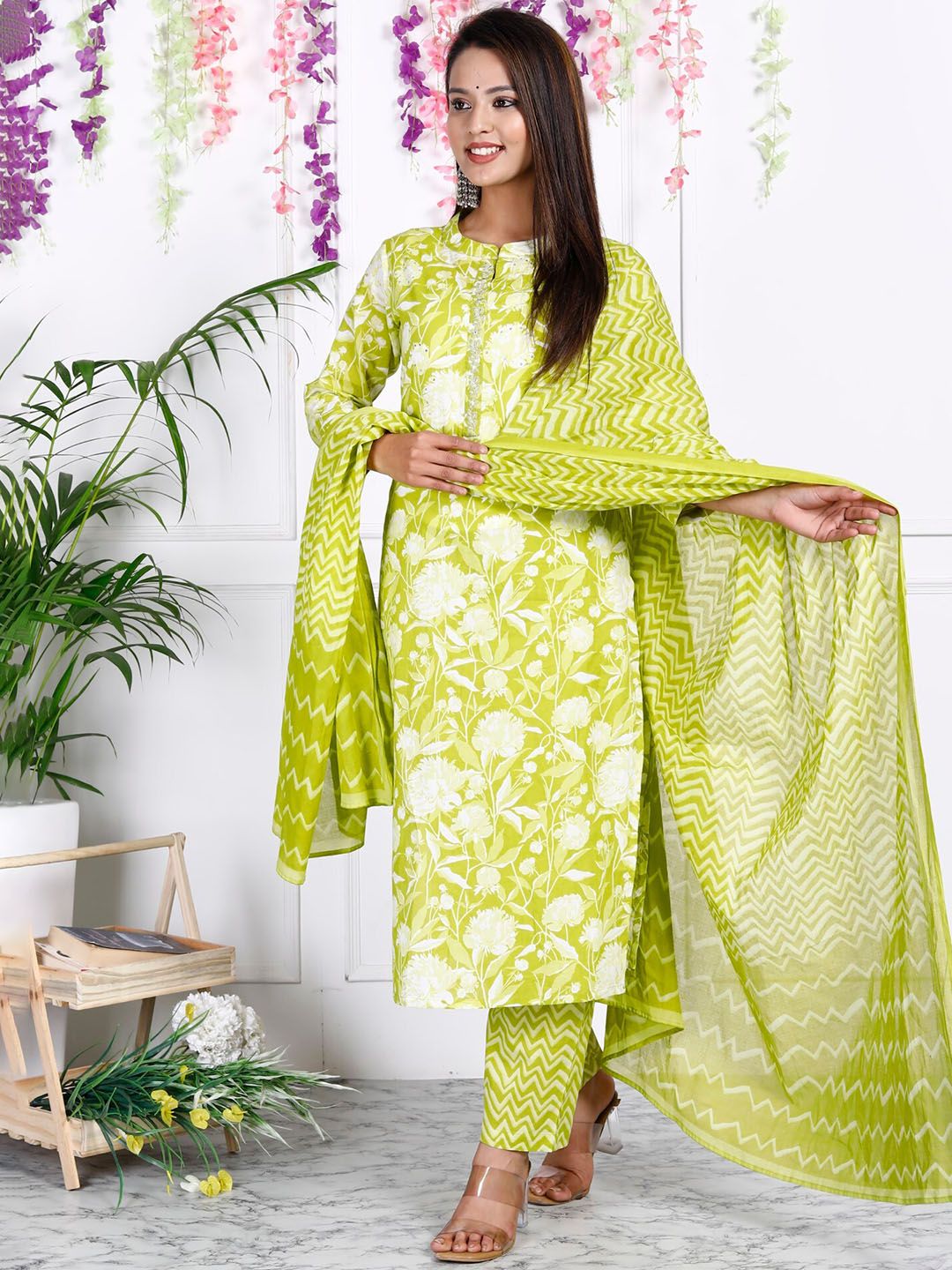 Swasti Floral Printed Sequinned Pure Cotton Straight Kurta With Trousers & Dupatta - Distacart
