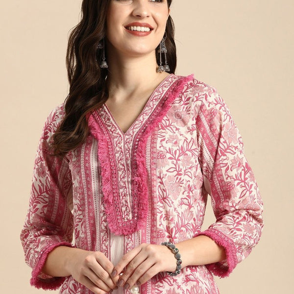 Anouk Women Floral Printed Regular Mirror Work Pure Cotton Kurta with Trousers - Distacart
