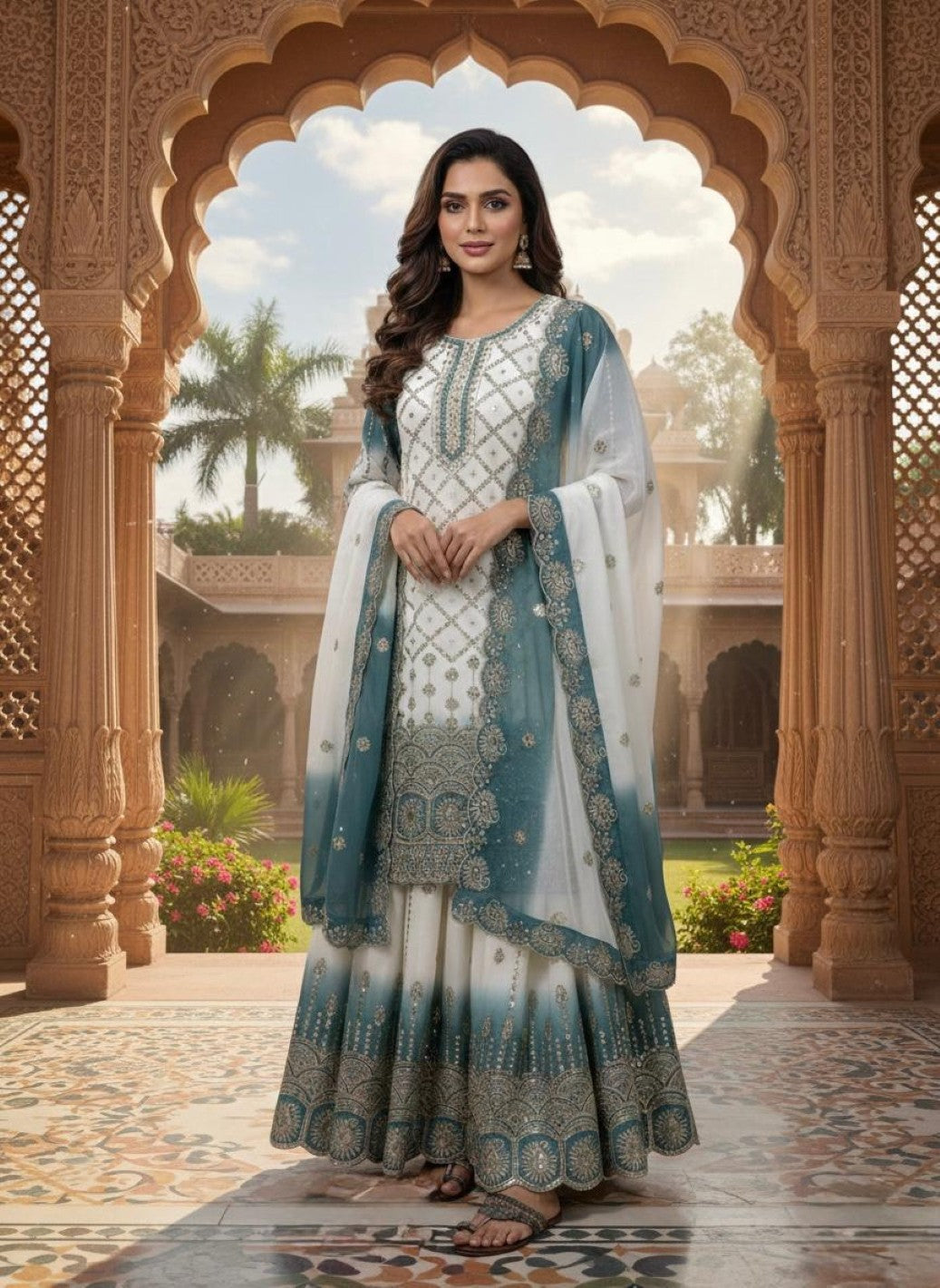 Anaita Blue & White Georgette Readymade Suit with Embroidery & Sequence Work - Dista