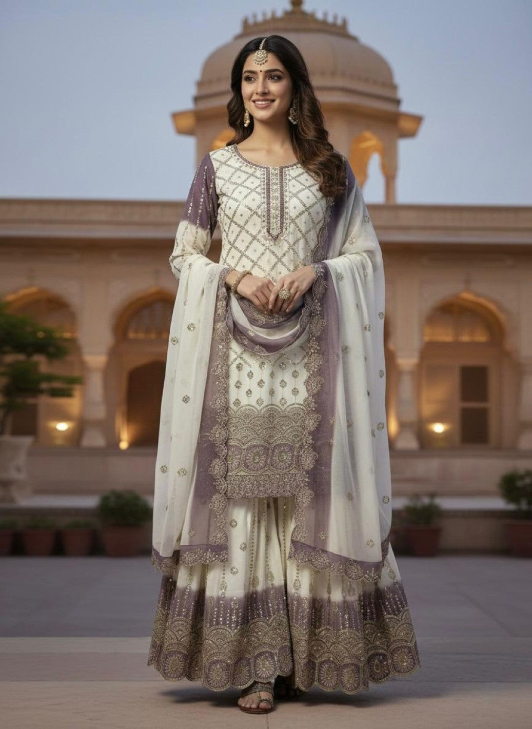 Anaita Lavender & White Georgette Readymade Suit with Embroidery & Sequence Work - Dista