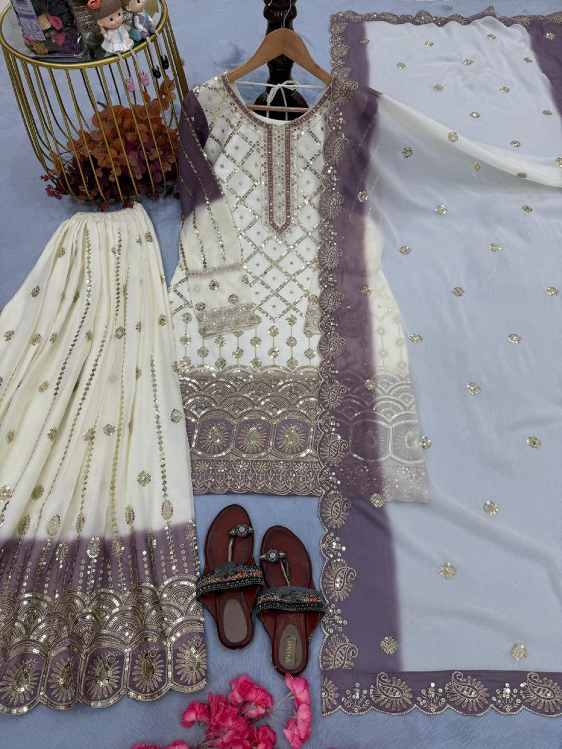 Anaita Lavender & White Georgette Readymade Suit with Embroidery & Sequence Work - Dista