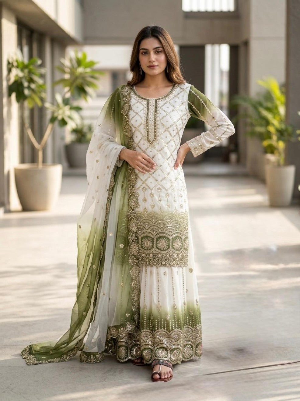 Anaita Mehendi&White Georgette Readymade Suit with Embroidery & Sequence Work - Dista