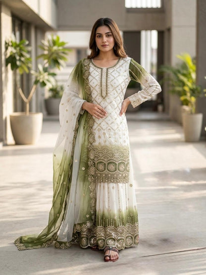Anaita Mehendi&White Georgette Readymade Suit with Embroidery & Sequence Work - Dista