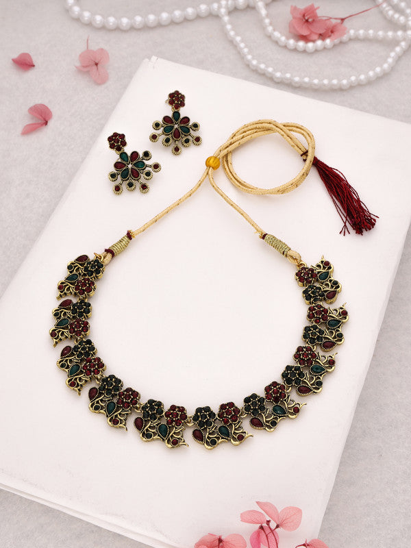 Tehzeeb Creations Luxurious Gold Polished Maroon & Green Colour Diamond Choker Necklace Set With Matching Earrings - Distacart