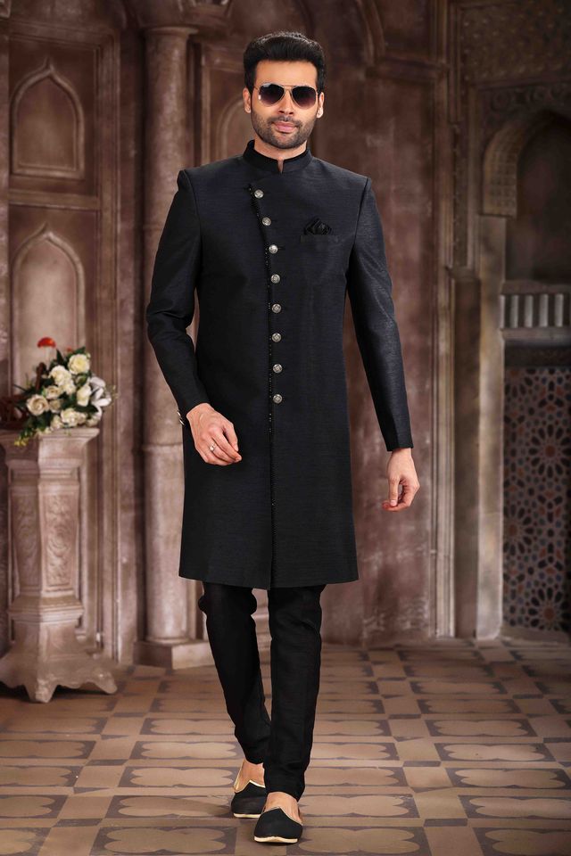 Raivat Ethnic Art Silk Embroidery Work Sherwani In Black Colour