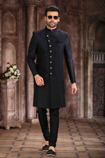Thumbnail for Raivat Ethnic Art Silk Embroidery Work Sherwani In Black Colour