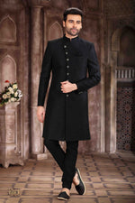 Thumbnail for Raivat Ethnic Art Silk Embroidery Work Sherwani In Black Colour