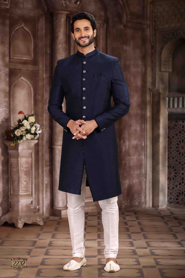 Raivat Ethnic Art Silk Embroidery Work Sherwani In Blue Colour