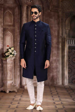 Thumbnail for Raivat Ethnic Art Silk Embroidery Work Sherwani In Blue Colour
