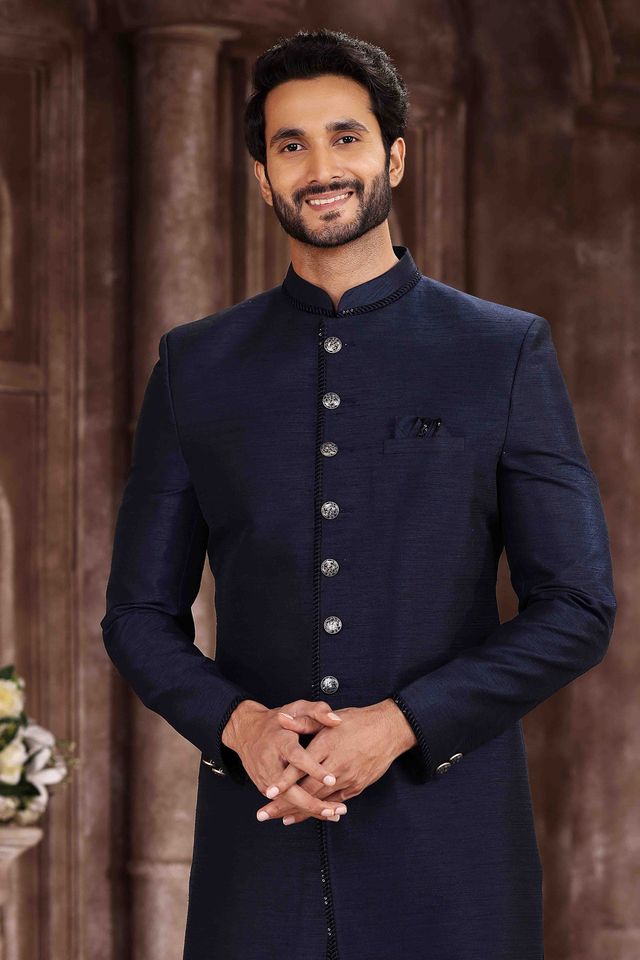 Raivat Ethnic Art Silk Embroidery Work Sherwani In Blue Colour