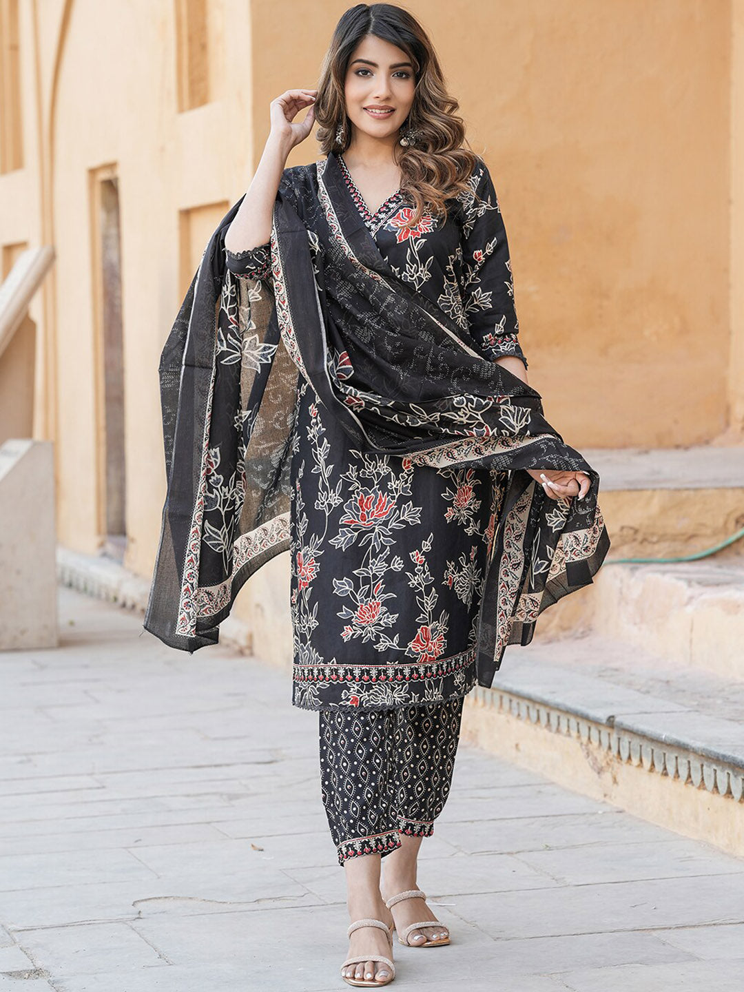 Kalini Women Floral Embroidered Regular Thread Work Pure Cotton Kurta with Trousers & With Dupatta - Distacart