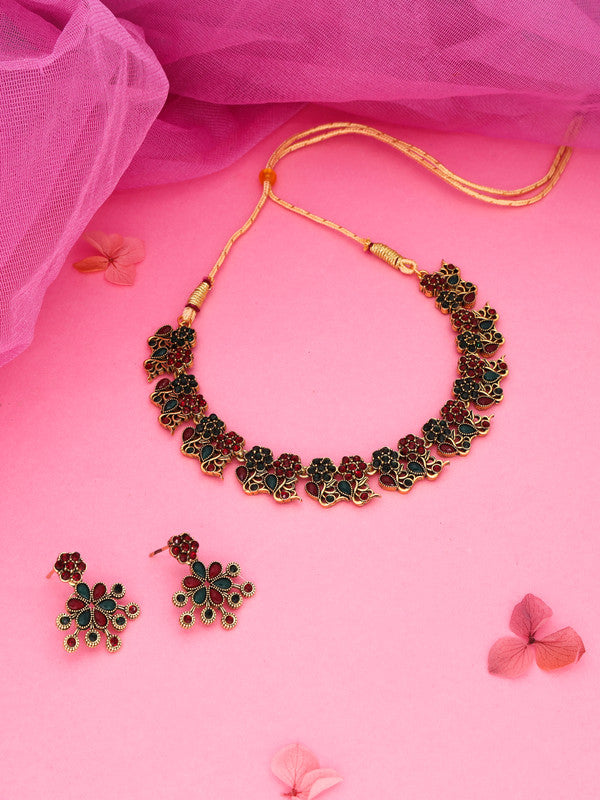 Tehzeeb Creations Luxurious Gold Polished Maroon & Green Colour Diamond Choker Necklace Set With Matching Earrings - Distacart