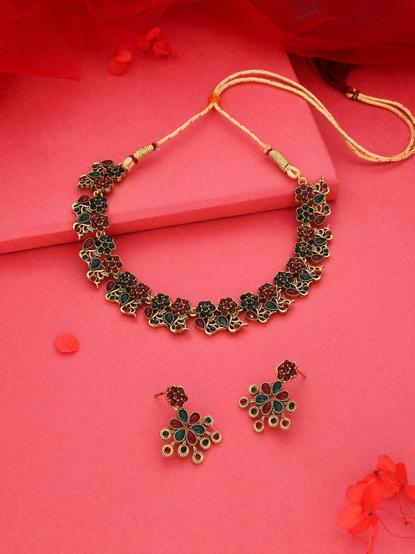 Tehzeeb Creations Luxurious Gold Polished Maroon & Green Colour Diamond Choker Necklace Set With Matching Earrings - Distacart