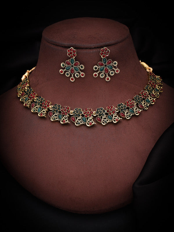 Tehzeeb Creations Luxurious Gold Polished Maroon & Green Colour Diamond Choker Necklace Set With Matching Earrings - Distacart