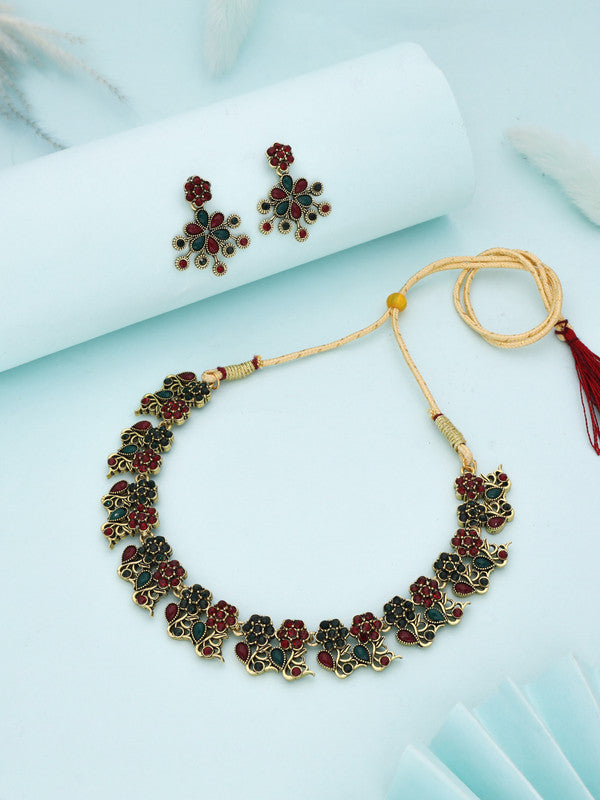 Tehzeeb Creations Luxurious Gold Polished Maroon & Green Colour Diamond Choker Necklace Set With Matching Earrings - Distacart