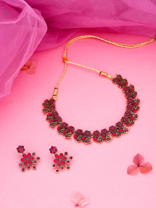Tehzeeb Creations Luxurious Gold Polished Pink Colour Diamond Choker Necklace Set With Matching Earrings - Distacart