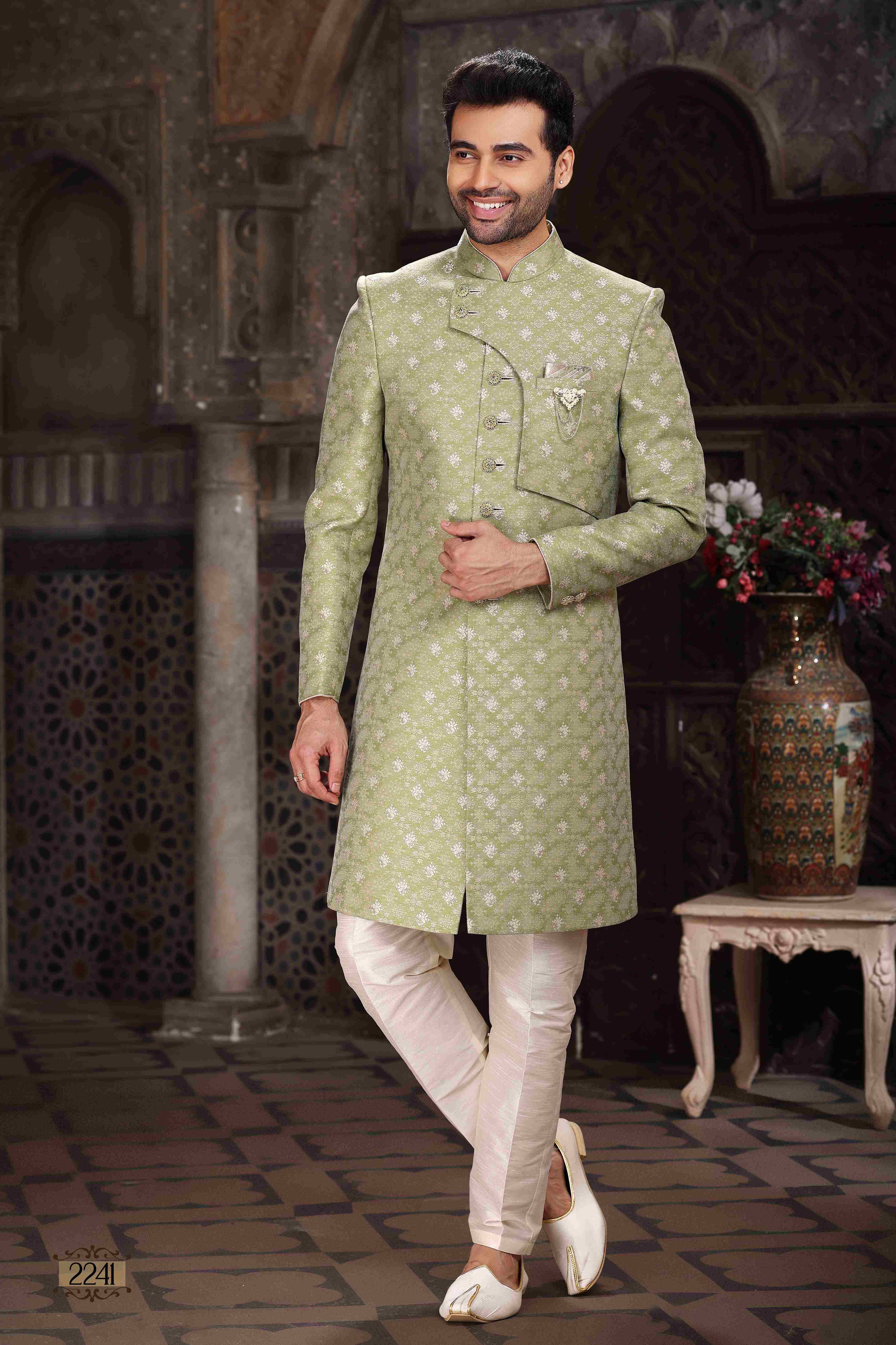 Raivat Ethnic Banarasi Jacquard Woven Work Indo Western Sherwani In Green Colour