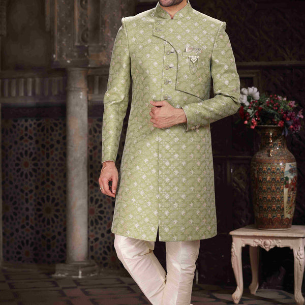 Raivat Ethnic Banarasi Jacquard Woven Work Indo Western Sherwani In Green Colour