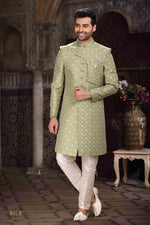Thumbnail for Raivat Ethnic Banarasi Jacquard Woven Work Indo Western Sherwani In Green Colour