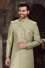 Thumbnail for Raivat Ethnic Banarasi Jacquard Woven Work Indo Western Sherwani In Green Colour