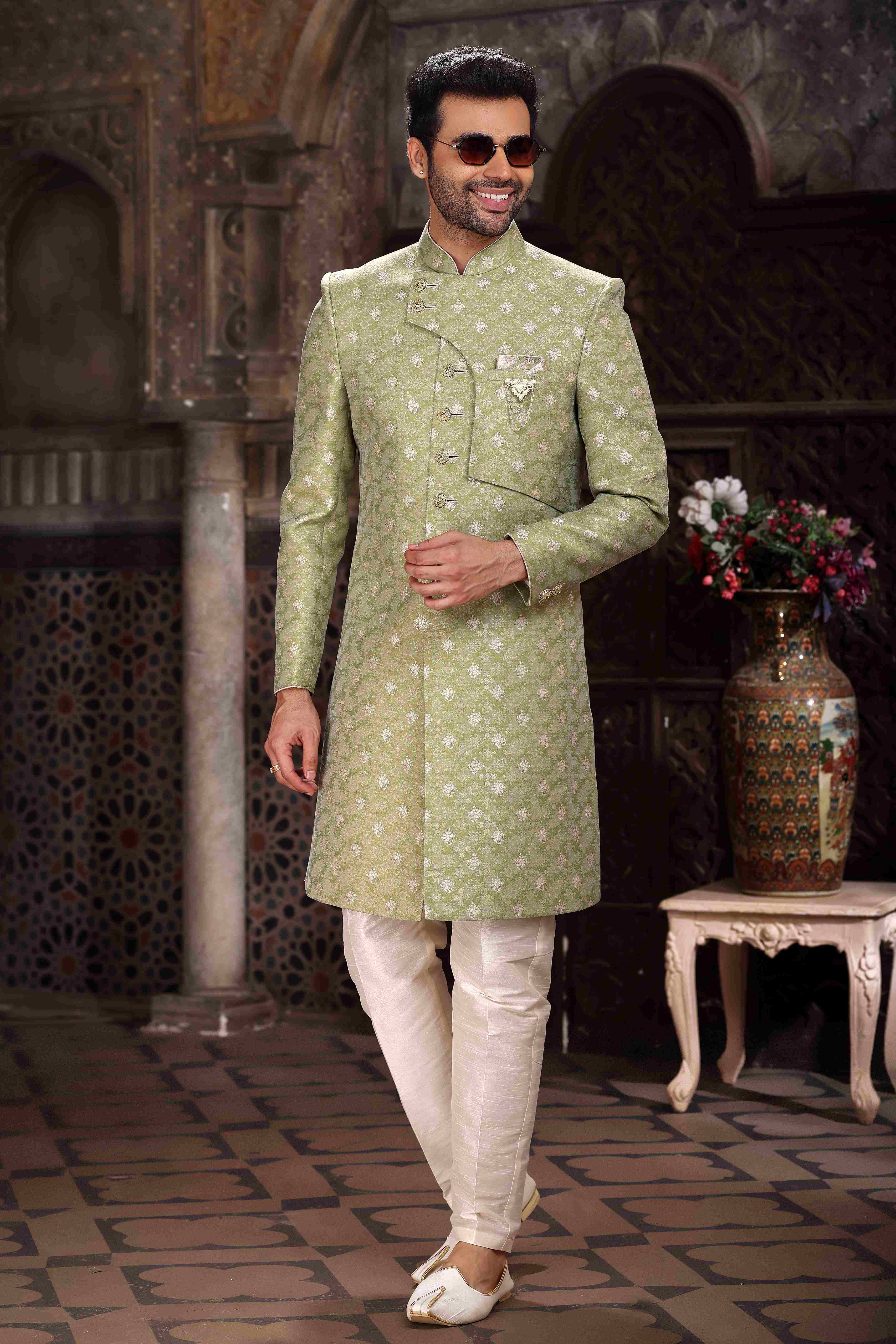Raivat Ethnic Banarasi Jacquard Woven Work Indo Western Sherwani In Green Colour