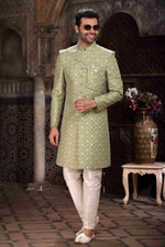 Thumbnail for Raivat Ethnic Banarasi Jacquard Woven Work Indo Western Sherwani In Green Colour