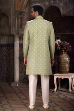 Thumbnail for Raivat Ethnic Banarasi Jacquard Woven Work Indo Western Sherwani In Green Colour
