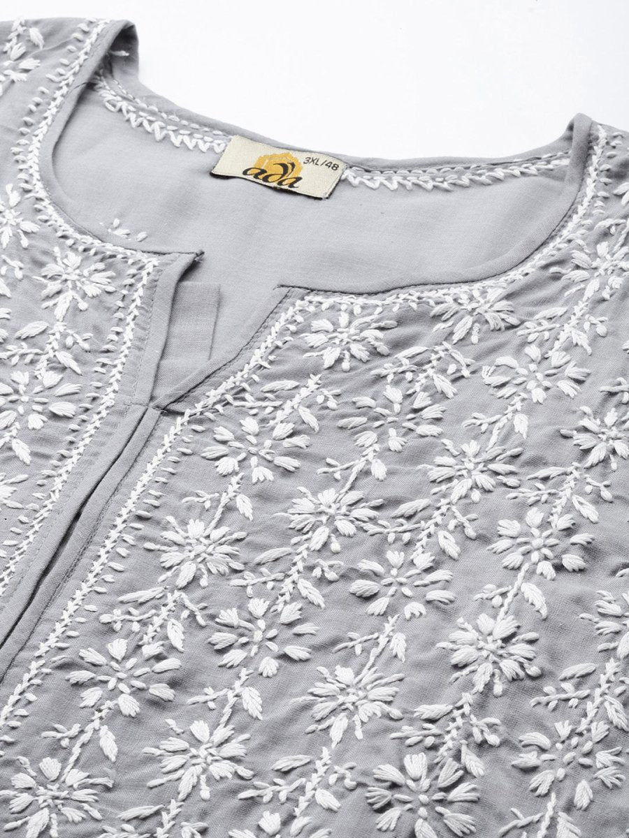 ADA Women Plus Size Grey Floral Embroidered Chikankari Kurta - Distacart