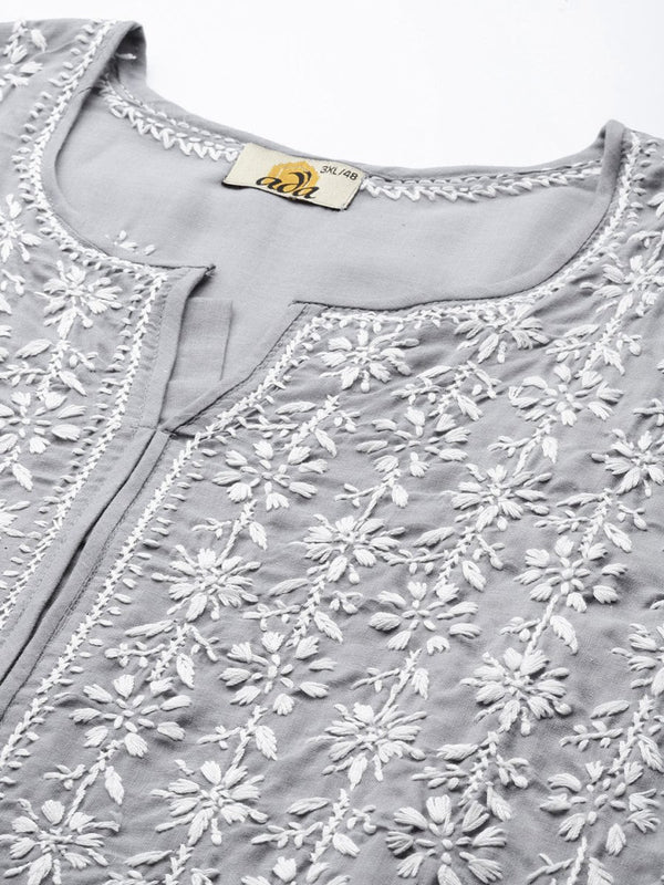 ADA Women Plus Size Grey Floral Embroidered Chikankari Kurta - Distacart