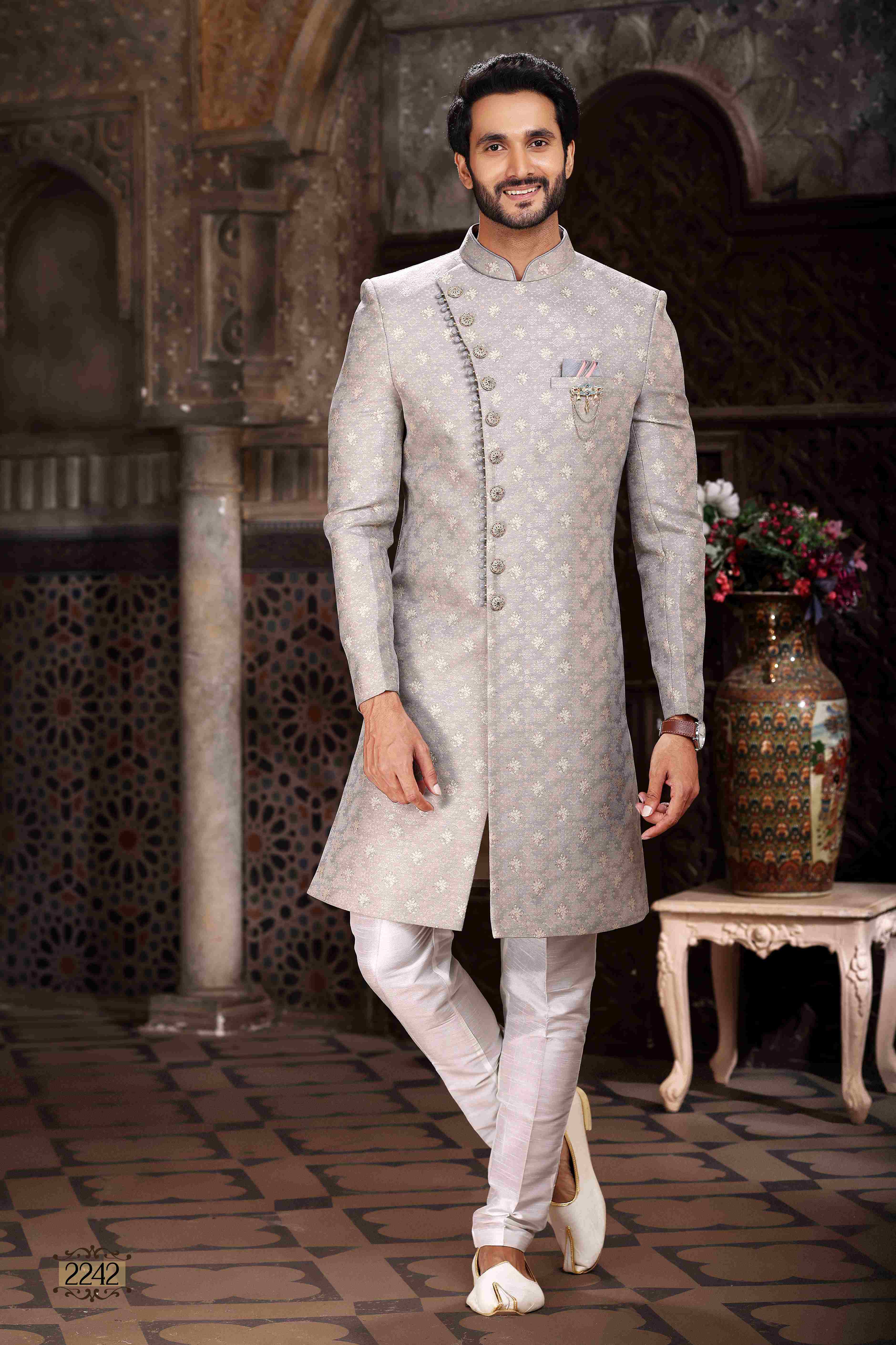 Raivat Ethnic Banarasi Jacquard Woven Work Indo Western Sherwani In Grey Colour