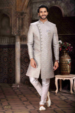 Thumbnail for Raivat Ethnic Banarasi Jacquard Woven Work Indo Western Sherwani In Grey Colour