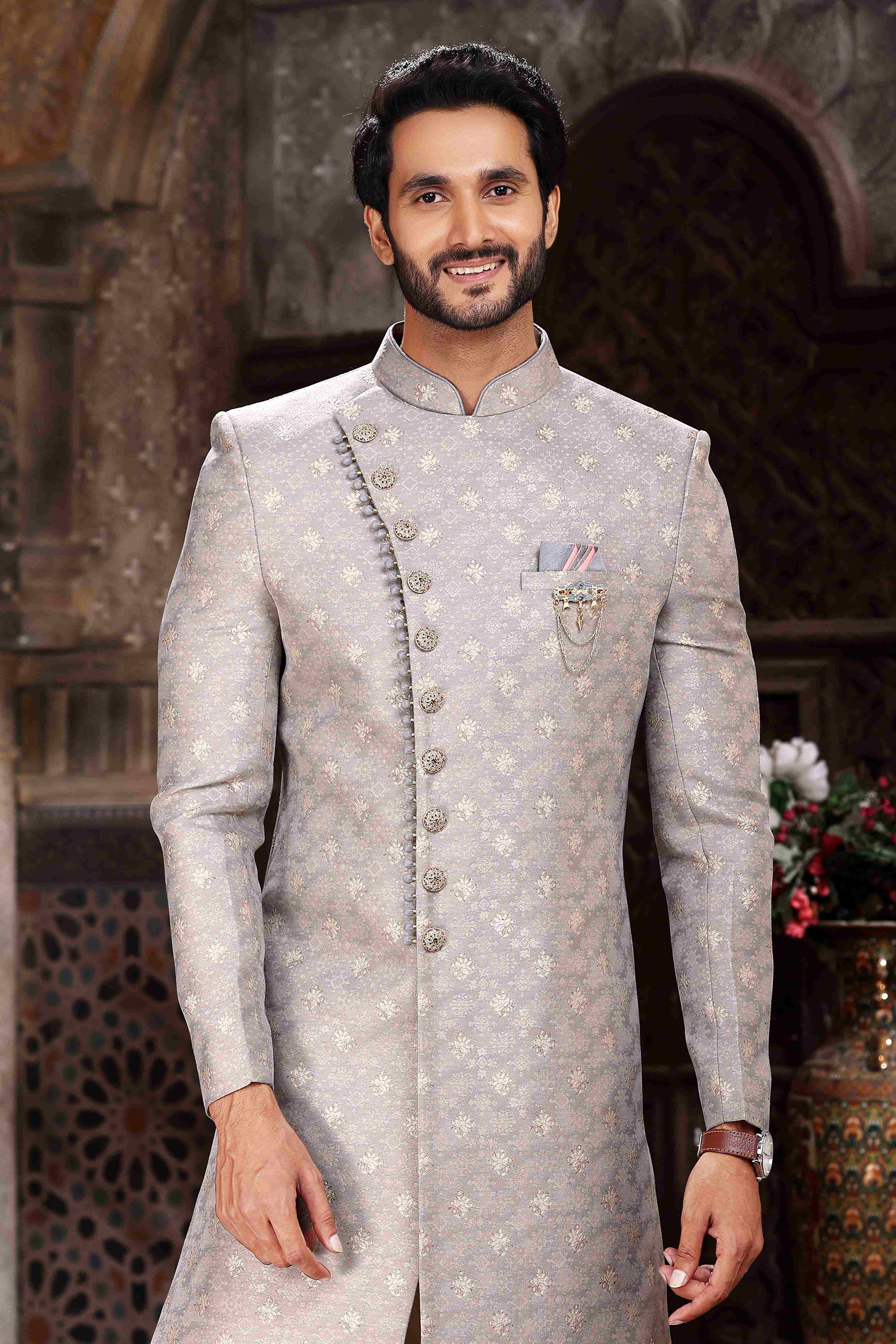 Raivat Ethnic Banarasi Jacquard Woven Work Indo Western Sherwani In Grey Colour