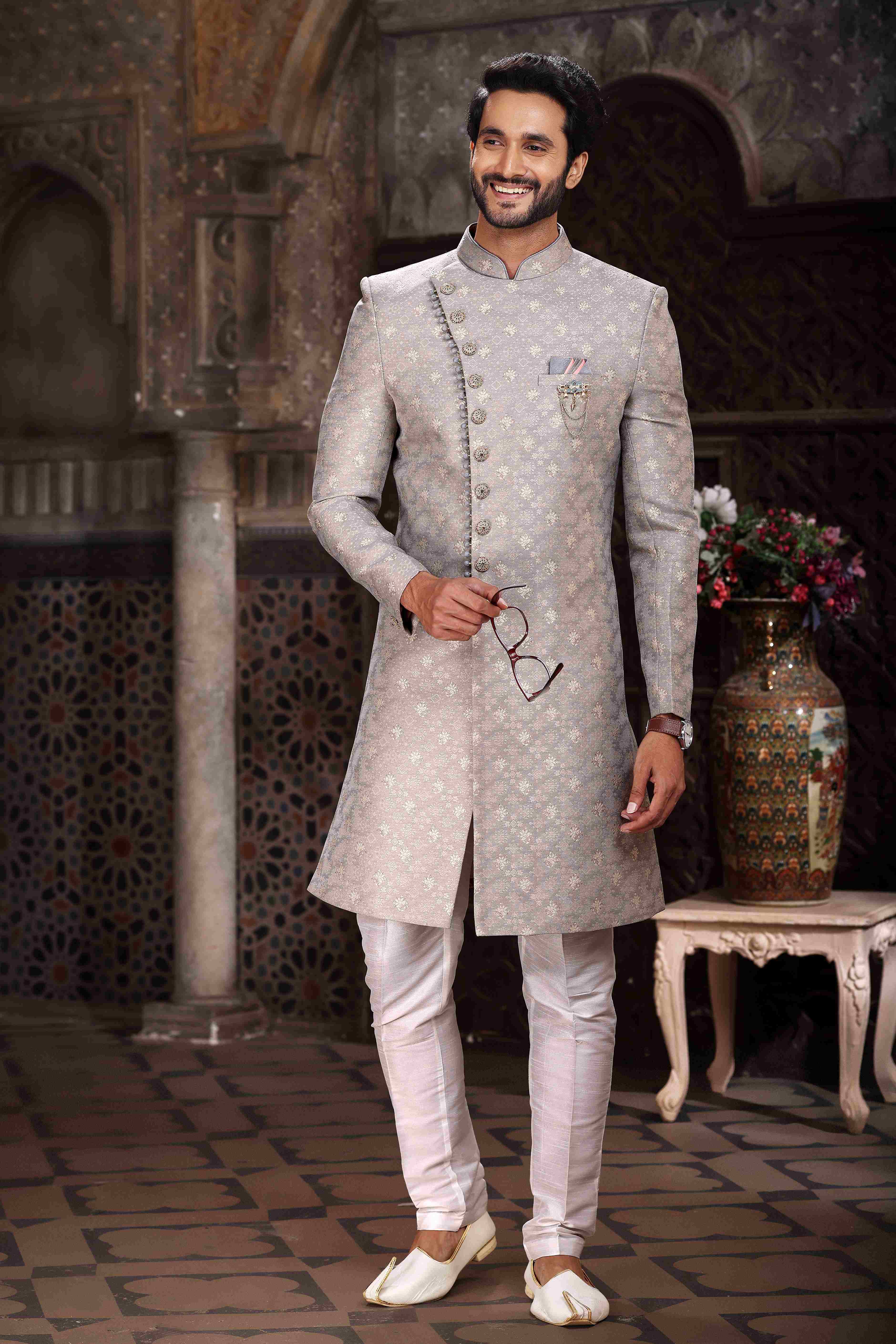 Raivat Ethnic Banarasi Jacquard Woven Work Indo Western Sherwani In Grey Colour