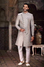 Thumbnail for Raivat Ethnic Banarasi Jacquard Woven Work Indo Western Sherwani In Grey Colour