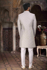 Thumbnail for Raivat Ethnic Banarasi Jacquard Woven Work Indo Western Sherwani In Grey Colour