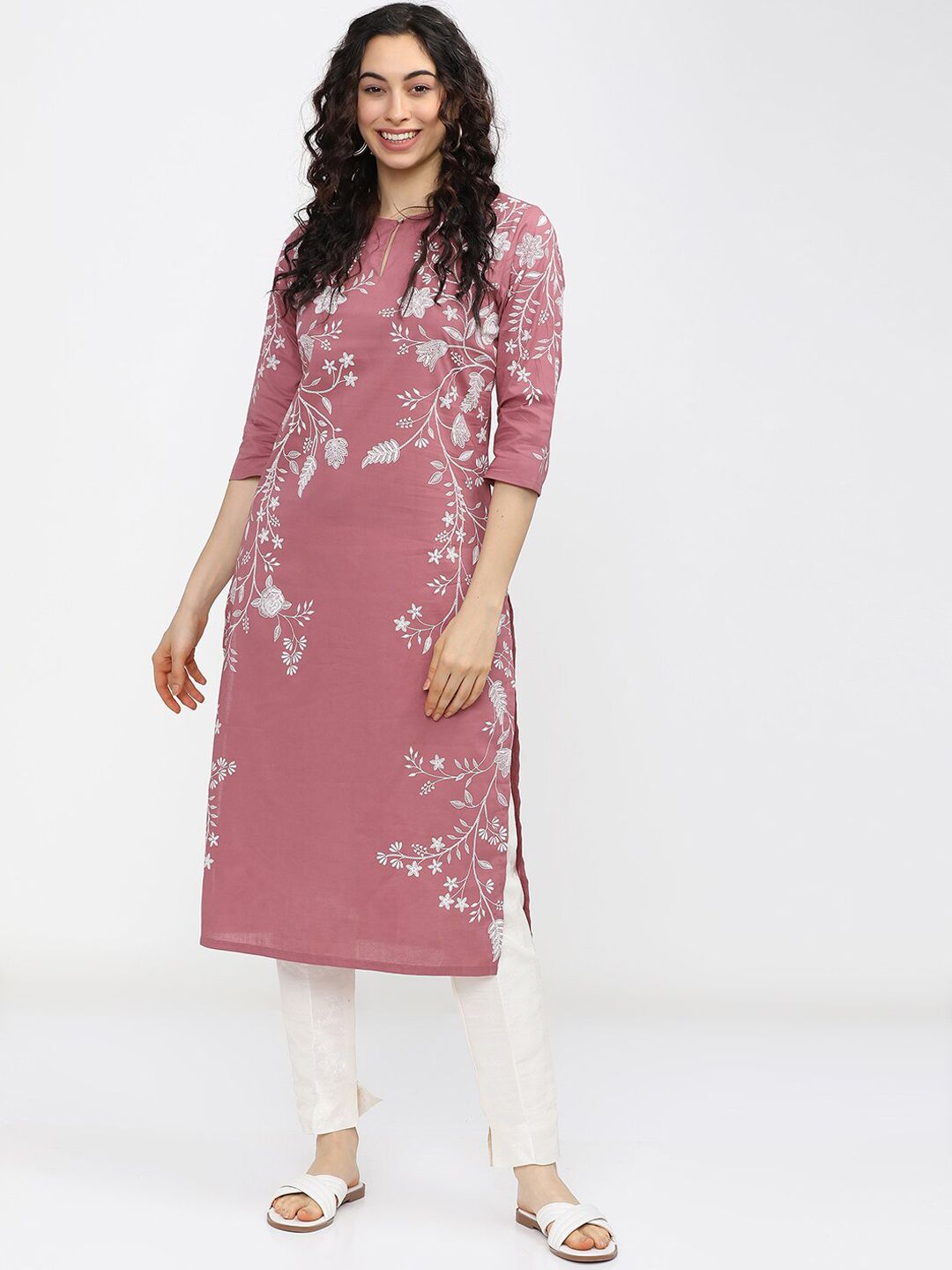 Vishudh Woman Pink Floral Printed Keyhole Neck Kurta - Distacart