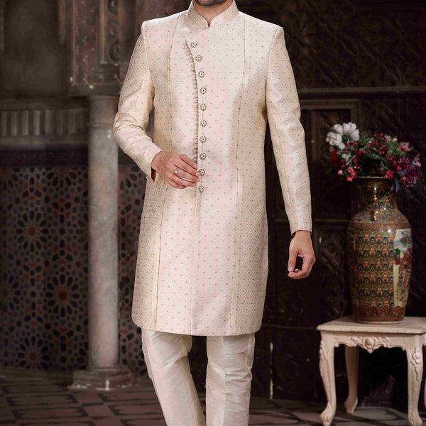 Raivat Ethnic Banarasi Jacquard Woven Work Indo Western Sherwani In Cream Colour