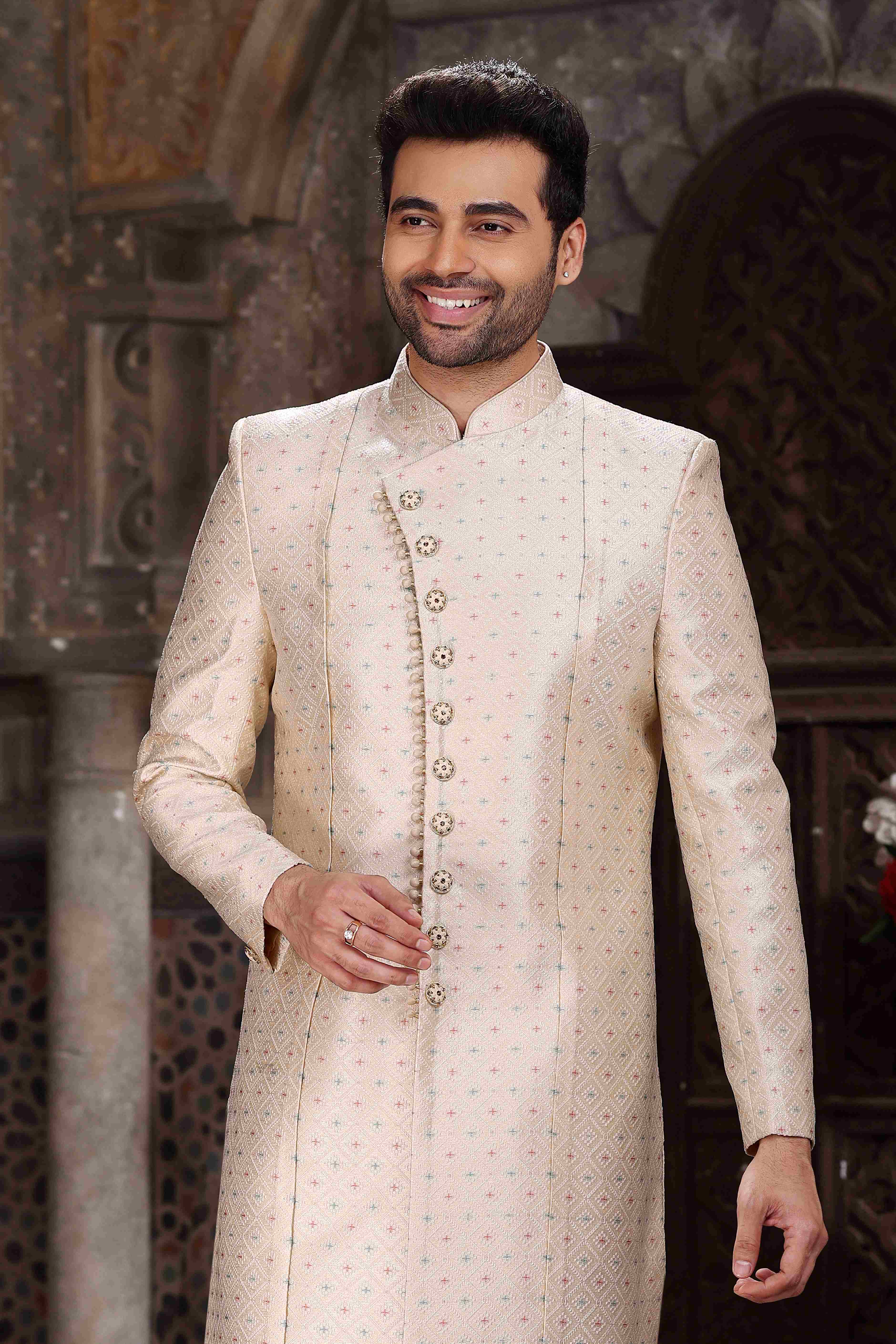 Raivat Ethnic Banarasi Jacquard Woven Work Indo Western Sherwani In Cream Colour