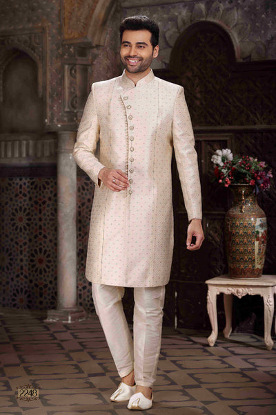 Raivat Ethnic Banarasi Jacquard Woven Work Indo Western Sherwani In Cream Colour