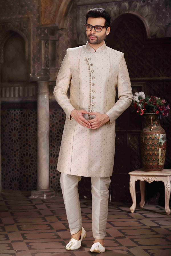 Raivat Ethnic Banarasi Jacquard Woven Work Indo Western Sherwani In Cream Colour