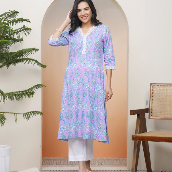 Vaasva Women Lavender Floral Cotton Printed Flare Kurti