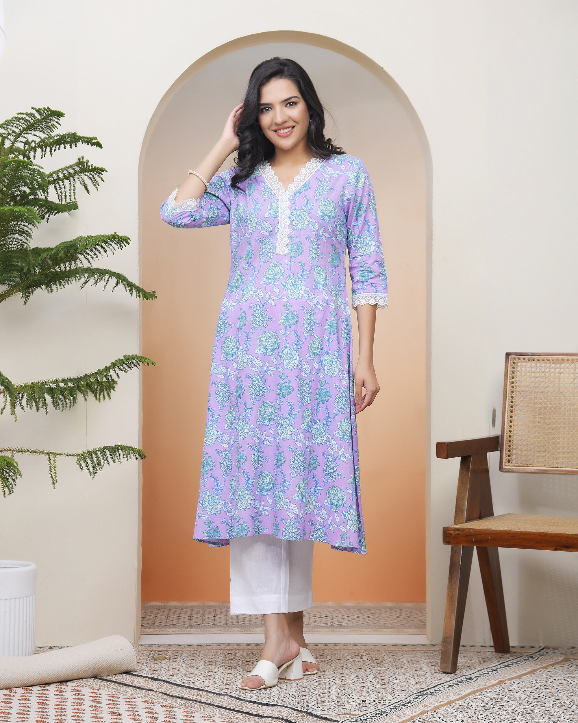 Vaasva Women Lavender Floral Cotton Printed Flare Kurti