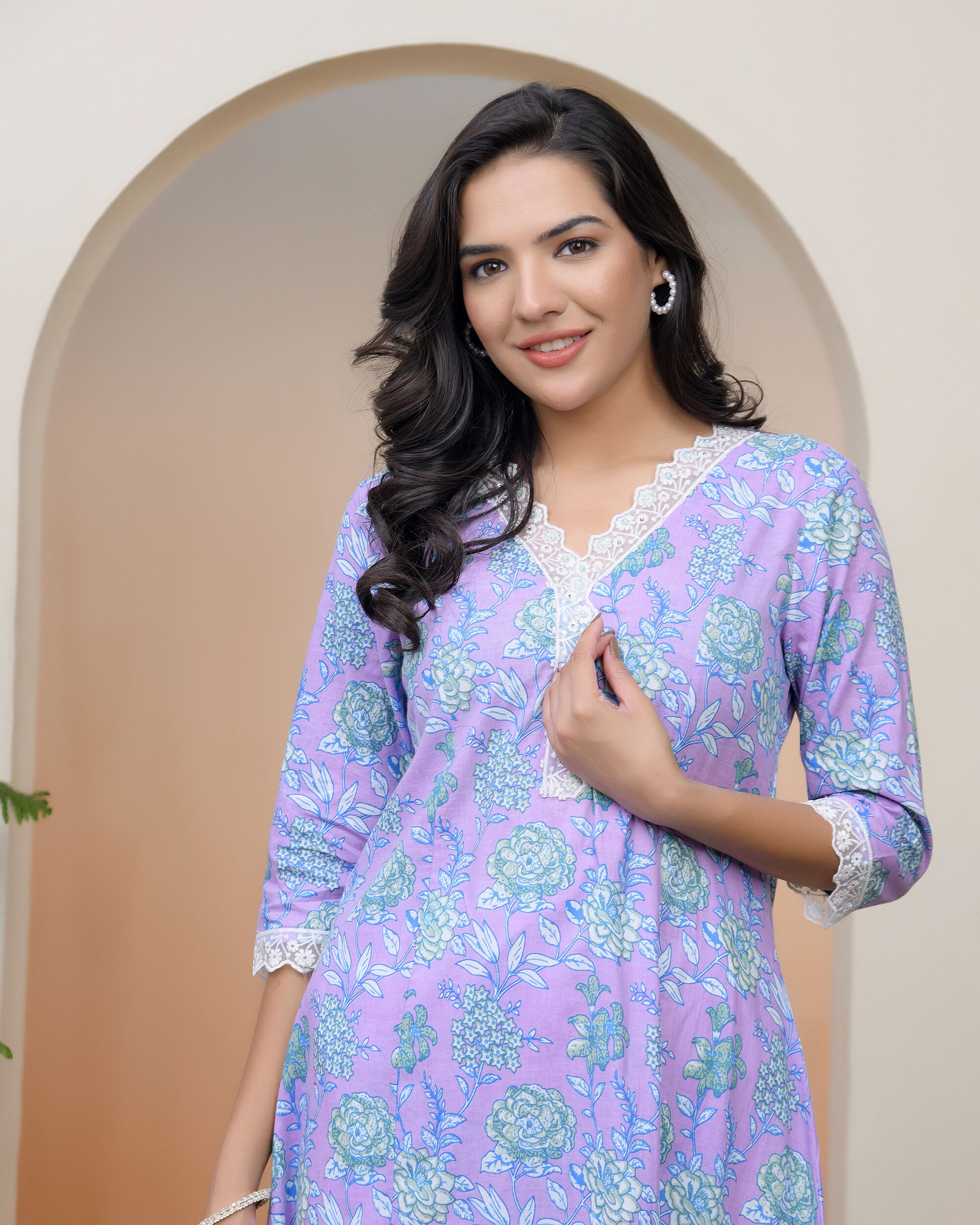 Vaasva Women Lavender Floral Cotton Printed Flare Kurti