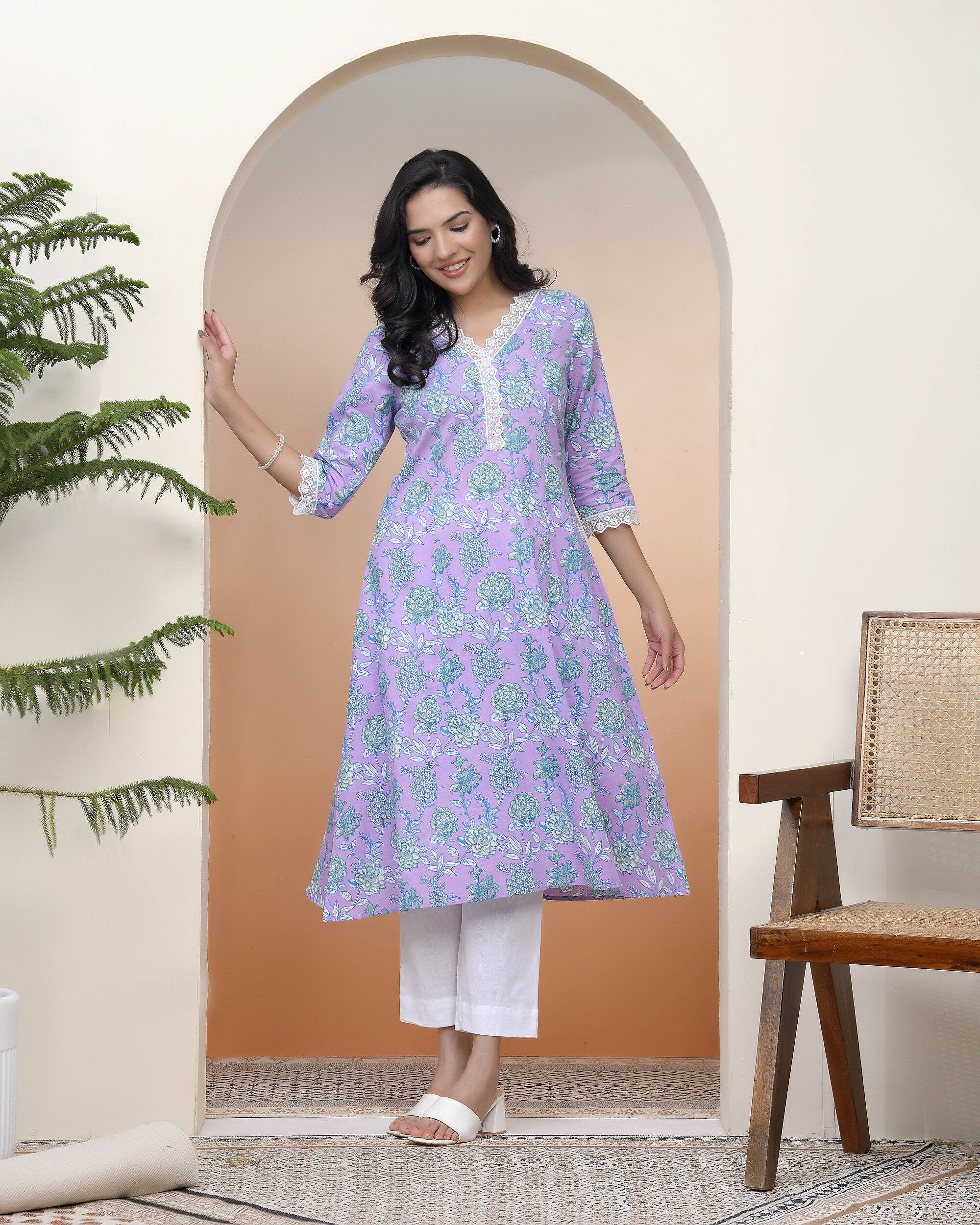 Vaasva Women Lavender Floral Cotton Printed Flare Kurti