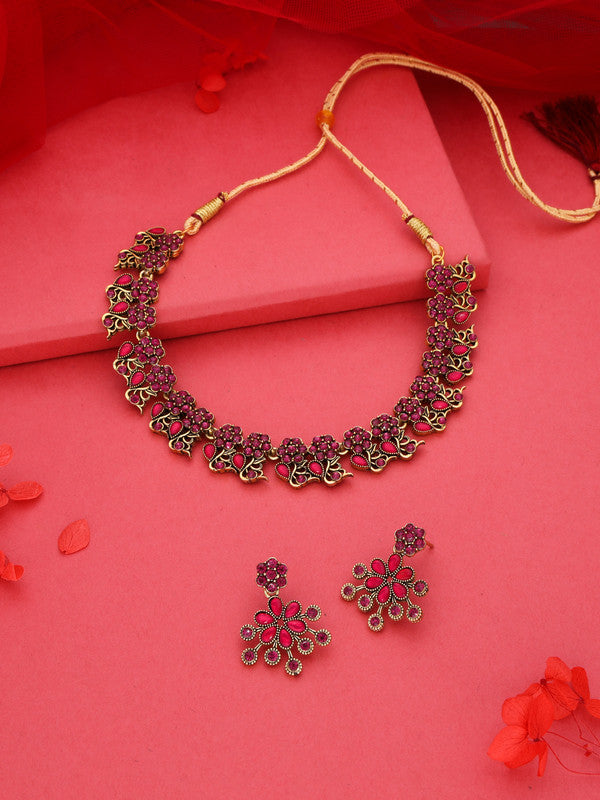 Tehzeeb Creations Luxurious Gold Polished Pink Colour Diamond Choker Necklace Set With Matching Earrings - Distacart