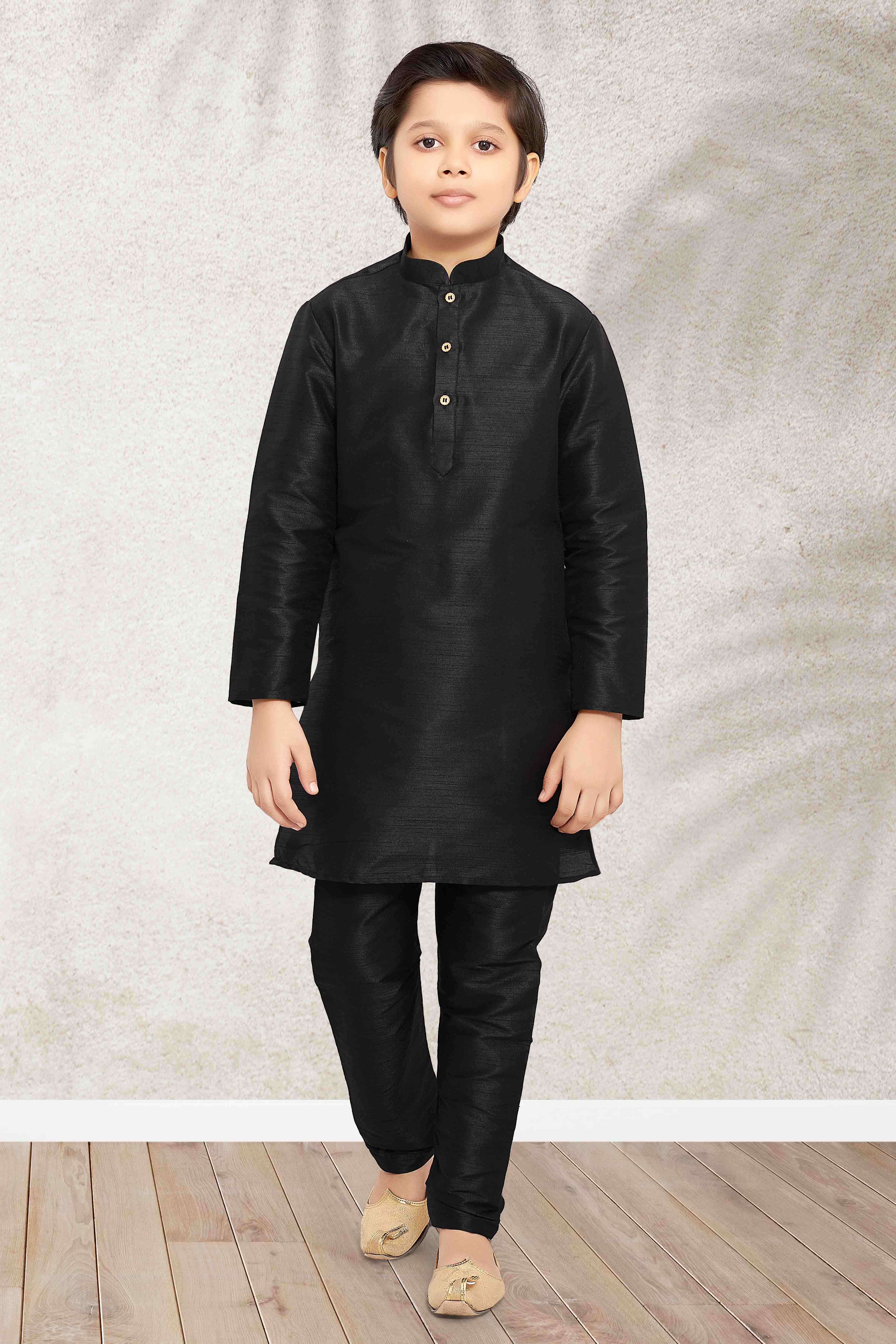 Raivat Ethnic Art Banarasi Silk Kids Kurta Pajama In Black Colour - Distacart
