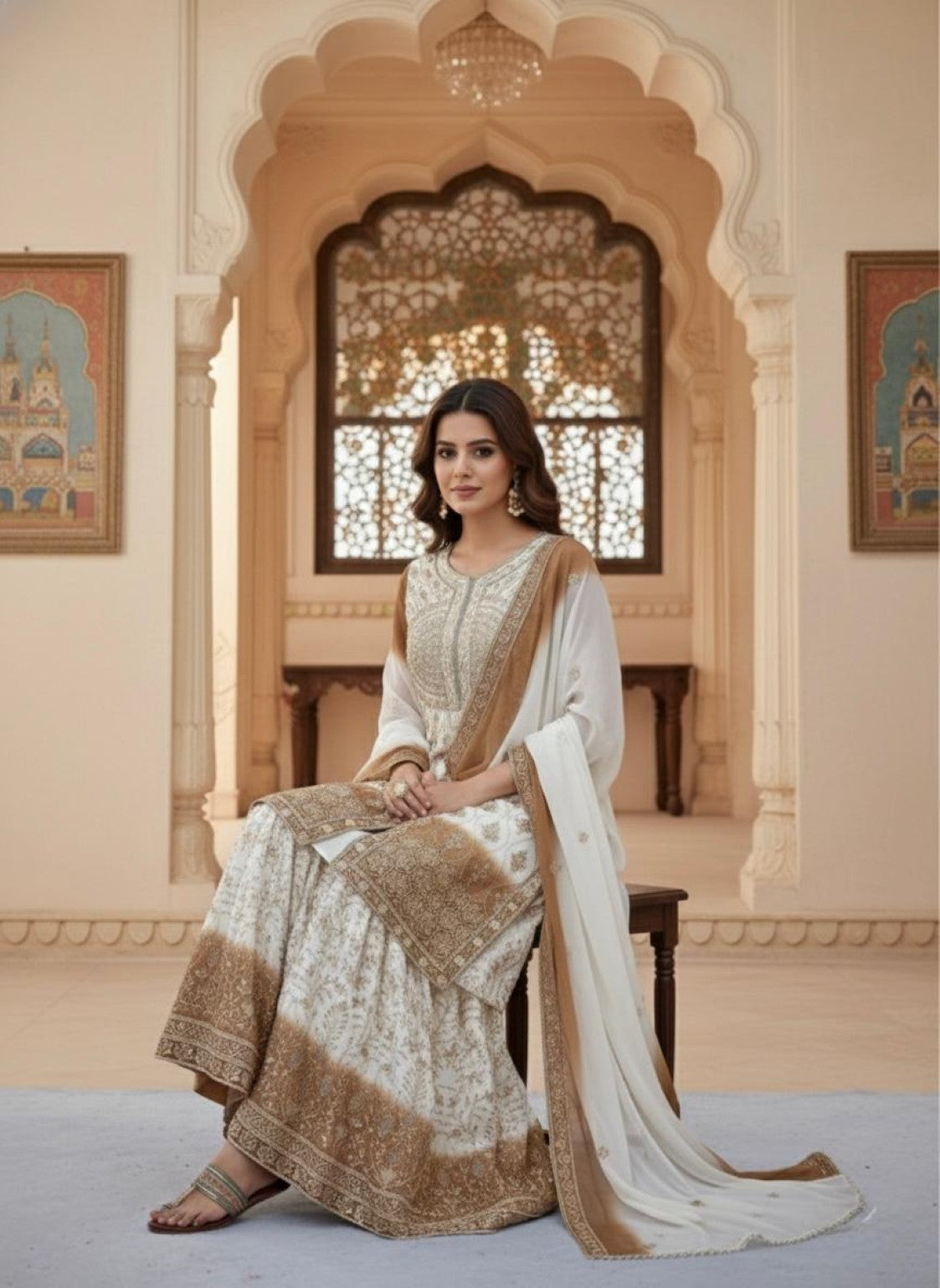 Anaita Brown & White Georgette Readymade Suit with Embroidery & Sequence Work - Dista